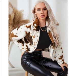 Brown Cow Print Teddy Jacket